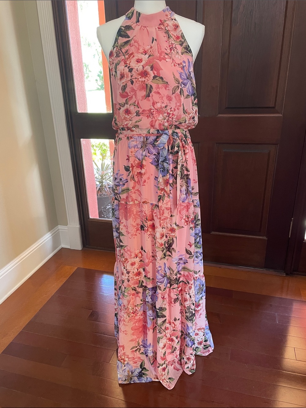 Floral Pink Halter Maxi Dress with Self-Tie Waist